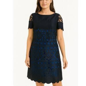 Muse Black Blue Laser Cut Eyelet Dress Size 6 black and navy blue sheath dress